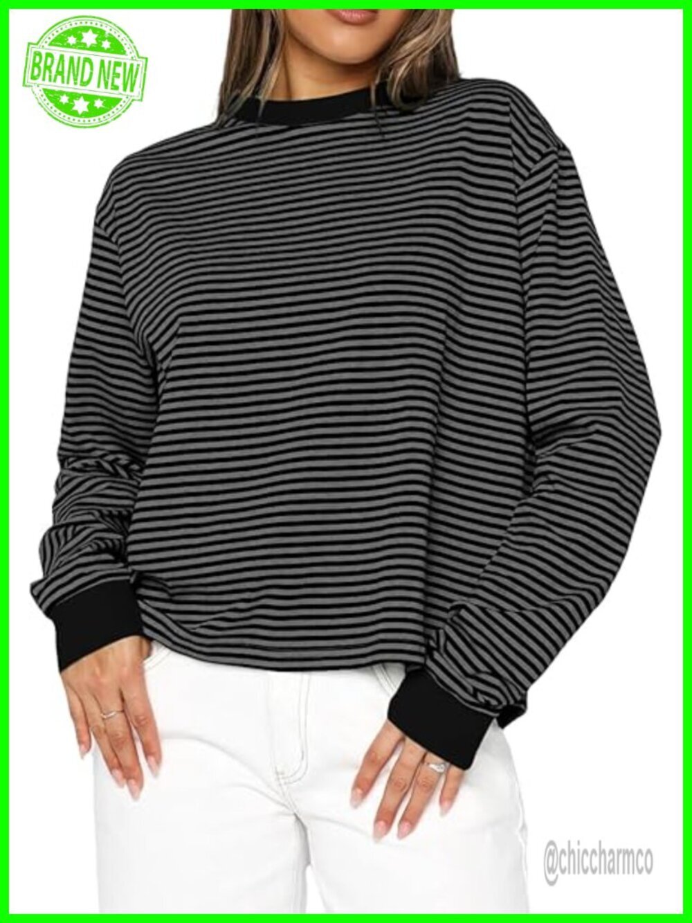 Women Oversized Striped Crewneck Tee Long Sleeve Pullover Y2K Fall Top